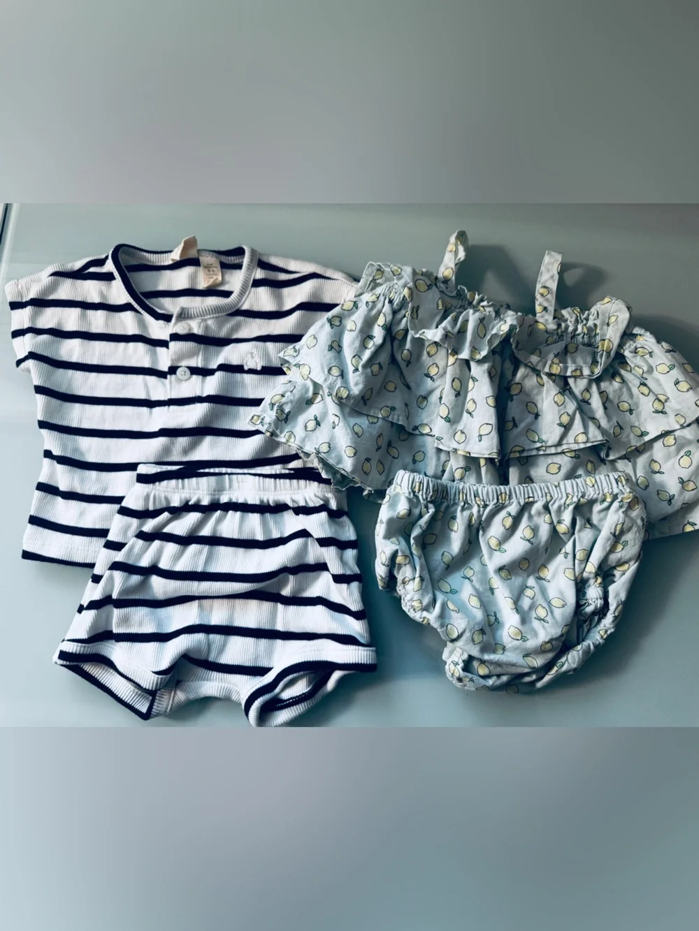 GAP Navy Stripe Top and Lemon Print Blue Matching Set 3-6 months - Picture 1 of 6